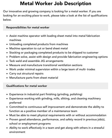 job description of sheet metal worker|sheet metal worker skills.